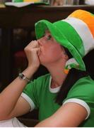 5 June 2002; Republic of Ireland fan Catherine Bradley, Donegal, watches on during the Republic of Ireland v Germany game at the FIFA World Cup Finals. Cup2002. Soccer. Picture credit; Pat Murphy / SPORTSFILE