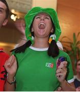 5 June 2002; Republic of Ireland fan Catherine Bradley, Donegal, celebrates at the final whistle. Republic of Ireland v Germany game at the FIFA World Cup Finals. Cup2002. Soccer. Picture credit: Pat Murphy / SPORTSFILE