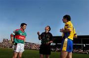 7 April 2007; Referee Eamonn O'Grady tosses the coin between Mayo captain Mark Ronaldson, left, and Roscommon captain David Hoey before the game. Cadbury's U21 Connacht Football Championship Final, Mayo v Roscommon, McHale Park, Castlebar, Co. Mayo. Picture credit: Pat Murphy / SPORTSFILE