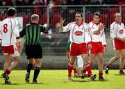8 April 2007; Tyrone's Ryan McMenamin protests his innocence to Referee Frank Flynn. Allianz National Football League, Division 1A, Round 7, Tyrone v Mayo, Healy Park, Omagh, Co. Tyrone. Picture credit: Oliver McVeigh / SPORTSFILE