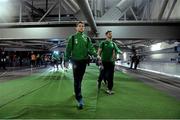 14 October 2014; Republic of Ireland's Robbie Brady, left, and Shane Long arrive at the stadium ahead of the game. UEFA EURO 2016 Championship Qualifer, Group D, Germany v Republic of Ireland, Veltins Stadium, Gelsenkirchen, Germany. Picture credit: David Maher / SPORTSFILE