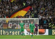 14 October 2014; Republic of Ireland's John O'Shea, left, Aiden McGeady, centre, and goalkeeper David Forde react after Toni Kroos scored Germany's first goal of the game in the seventy first minute. UEFA EURO 2016 Championship Qualifer, Group D, Germany v Republic of Ireland, Veltins Stadium, Gelsenkirchen, Germany. Picture credit: Pat Murphy / SPORTSFILE