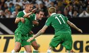 14 October 2014; Republic of Ireland's John O'Shea, centre, celebrates with team-mates Jonathan Walters and James McClean, right, after scoring his side's equalising goal. UEFA EURO 2016 Championship Qualifer, Group D, Germany v Republic of Ireland, Veltins Stadium, Gelsenkirchen, Germany. Picture credit: Pat Murphy / SPORTSFILE