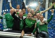 14 October 2014; Republic of Ireland supporters, including Davy Keogh, celebrate after the game. UEFA EURO 2016 Championship Qualifer, Group D, Germany v Republic of Ireland, Veltins Stadium, Gelsenkirchen, Germany. Picture credit: David Maher / SPORTSFILE