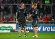 10 October 2014; Munster assistant coach Ian Costello, left, in conversation with scrum coach Jerry Flannery. Guinness PRO12, Round 6, Munster v Scarlets. Thomond Park, Limerick. Picture credit: Diarmuid Greene / SPORTSFILE