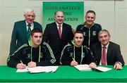 17 October 2014; Pictured at a press conference are, front row, from left, David Oliver Joyce, Joe Ward and Frank Walsh, solicitor. Back row, from left, IABA President Tommy Murphy, Fergal Carruth, IABA CEO, and Head Coach Billy Walsh. National Stadium, Dublin. Picture credit: Ramsey Cardy / SPORTSFILE
