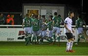 17 October 2014; Bray Wanderers' David Cassidy, centre, is congratulated by team-mates after scoring his side's first goal. SSE Airtricity League Premier Division, Bray Wanderers v Dundalk. Carlisle Grounds, Bray, Co. Wicklow. Picture credit: David Maher / SPORTSFILE