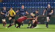 17 October 2014; Luke McGrath, Leinster A, is tackled by Ryan Hodson, left, and Danny Herriott, right, Jersey. British & Irish Cup, Round 2, Leinster A v Jersey. Donnybrook Stadium, Donnybrook, Dublin. Picture credit: Stephen McCarthy / SPORTSFILE