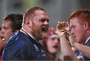 17 October 2014; Brian McGovern, Leinster A, reacts after Leinster won a penalty following 15 minutes of scrummaging on their own 5 metre line at the end of the first half. British & Irish Cup, Round 2, Leinster A v Jersey. Donnybrook Stadium, Donnybrook, Dublin. Picture credit: Stephen McCarthy / SPORTSFILE