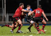17 October 2014; Nick Timoney, Leinster A, is tackled by Jersey players, from left, Jon Brennan, Tobias Hoskins and Grant Pointer. British & Irish Cup, Round 2, Leinster A v Jersey. Donnybrook Stadium, Donnybrook, Dublin. Picture credit: Stephen McCarthy / SPORTSFILE