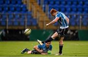 17 October 2014; Cathal Marsh, Leinster A, kicks a second half penalty with the help of team-mate Luke McGrath. British & Irish Cup, Round 2, Leinster A v Jersey. Donnybrook Stadium, Donnybrook, Dublin. Picture credit: Stephen McCarthy / SPORTSFILE