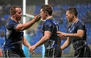 17 October 2014; Luke McGrath, Leinster A, centre, is congratulated by team-mates Bryan Byrne, left, and Sam Coghlan Murray, right, after scoring his side's second try. British & Irish Cup, Round 2, Leinster A v Jersey. Donnybrook Stadium, Donnybrook, Dublin. Picture credit: Stephen McCarthy / SPORTSFILE