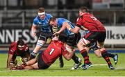 17 October 2014; Bryan Byrne, Leinster A, is tackled by Ignacio Lancuba, 1, and Nick Campbell, 5, Jersey. British & Irish Cup, Round 2, Leinster A v Jersey. Donnybrook Stadium, Donnybrook, Dublin. Picture credit: Stephen McCarthy / SPORTSFILE