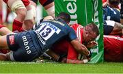18 October 2014; Dave Kilcoyne, Munster, goes over to score his side's first try against Sale Sharks. European Rugby Champions Cup 2014/15, Pool 1, Round 1, Sale Sharks v Munster, AJ Bell Stadium, Sale, Greater Manchester, England. Picture credit: Brendan Moran / SPORTSFILE