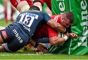 18 October 2014; Dave Kilcoyne, Munster, goes over to score his side's first try against Sale Sharks. European Rugby Champions Cup 2014/15, Pool 1, Round 1, Sale Sharks v Munster, AJ Bell Stadium, Sale, Greater Manchester, England. Picture credit: Brendan Moran / SPORTSFILE