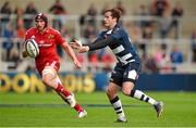 18 October 2014; Danny Cipriani, Sale, in action against Tommy O'Donnell, Munster. European Rugby Champions Cup 2014/15, Pool 1, Round 1, Sale Sharks v Munster, AJ Bell Stadium, Sale, Greater Manchester, England. Picture credit: Brendan Moran / SPORTSFILE