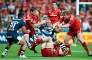 18 October 2014; Sam Tuitupou, Sale, is tackled by Denis Hurley, Tommy O'Donnell and Stephen Archer, Munster. European Rugby Champions Cup 2014/15, Pool 1, Round 1, Sale Sharks v Munster, AJ Bell Stadium, Sale, Greater Manchester, England. Picture credit: Brendan Moran / SPORTSFILE