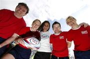 10 April 2007; Model Roberta Rowat, centre, with, from left, Ian Darcy, Ceira Waters, Sean O'Connell and Jean Wilson of the Beauties and the Beasts Tag Rugby Team at the launch of the Volvic Tag Rugby Summer Leagues. Herbert Park, Ballsbridge, Dublin. Photo by Sportsfile