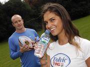 10 April 2007; Denis Hickie, Leinster and Ireland Winner and model Roberta Rowat at the launch of the Volvic Tag Rugby Summer Leagues. Herbert Park, Ballsbridge, Dublin. Photo by Sportsfile