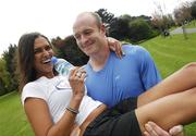 10 April 2007; Leinster and Ireland winger Denis Hickie and model Roberta Rowat at the launch of the Volvic Tag Rugby Summer Leagues. Herbert Park, Ballsbridge, Dublin. Photo by Sportsfile