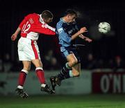 12 November 1999; Brian Mooney of UCD in action against Trevor Croly of St Patrick's Athletic during the Eircom National Soccer League match between St Patrick's Athletic and UCD at Richmond Park in Dublin. Photo by Damien Eagers/Sportsfile