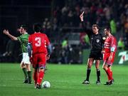 13 November 1999; Robbie Keane of Republic of Ireland is shown a yellow card by referee Anders Frisk during the UEFA European Championships Qualifier Play-Off First Leg match between Republic of Ireland and Turkey at Lansdowne Road in Dublin. Photo by Matt Browne/Sportsfile