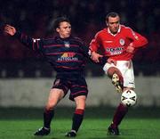 10 December 1999; Declan Geoghegan of Shelbourne in action against Trevor Molloy of St Patrick's Athletic during the Eircom League Premier Division match between Shelbourne and St Patrick's Athletic at Tolka Park in Dublin. Photo by David Maher/Sportsfile