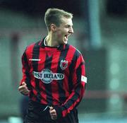 12 December 1999; Garreth O'Connor of Bohemians celebrates after scoring his side's first goal during the Eircom League Premier Division match between Bohemians and Galway United at Dalymount Park in Dublin. Photo by Matt Browne/Sportsfile