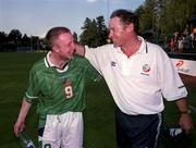 19 July 1999; Republic of Ireland manager Brian Kerr, right, and Gerard Crossley celebrate their victory in the UEFA European Under 18 Championship Group B Round 1 match between Republic of Ireland and Spain at the Kopparvallen Stadium in Atvidaberg, Sweden. Photo by David Maher/Sportsfile