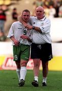 23 July 1999; Gerard Crossley of Republic of Ireland is consoled by coach Noel O'Reilly, right, following the UEFA European Under 18 Championship Group B Round 3 match between Italy and Republic of Ireland at Idrottsparken Stadium in Norrkoping, Sweden. Photo by David Maher/Sportsfile