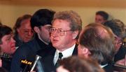 15 Feburary 1995; Graham Kelly, Chief Executive of the English FA, gives a press conference after rioting in the West Stand forced the abandonment of the international friendly match between Republic of Ireland and England at Lansdowne Road in Dublin. Photo by David Maher/Sportsfile