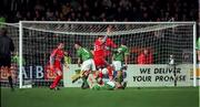 13 November 1999; Turkey are awarded a penalty after Republic of Ireland's Lee Carsley, lying down, handled the ball during the UEFA European Championships Qualifier Play-Off First Leg match between Republic of Ireland and Turkey at Lansdowne Road in Dublin. Photo by David Maher/Sportsfile
