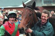 28 November 1999; Limestone Lad with jockey Shane McGovern, left, and Michael Bowe, son of owner and trainer James Bowe, after winning The Duggan Brothers Hatton's Grace Hurdle at Fairyhouse Racecourse in Ratoath, Meath. Photo by Damien Eagers/Sportsfile