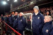 13 November 1999; Niall Quinn of Republic of Ireland stands with the management team during the National Anthem at the UEFA European Championships Qualifier Play-Off First Leg match between Republic of Ireland and Turkey at Lansdowne Road in Dublin. Photo by David Maher/Sportsfile