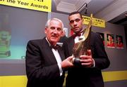 17 May 1999; Paul Osam of St Patrick's Athletic is presented with the SWAI Personality of the Year award by Arnold O'Byrne, Manager, Opel Ireland. Photo by David Maher/Sportsfile