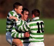 21 November 1999; Terry Palmer celebrates with Shamrock Rovers team-mates Shane Robinson, left, and Marc Kenny, right, after scoring his side's third goal during the Eircom League Premier Division match between Shamrock Rovers and Derry City at Morton Stadium in Santry, Dublin. Photo by Ray McManus/Sportsfile