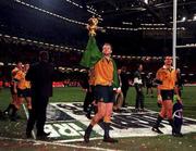 6 November 1999; Tom Bowman of Australia with the Webb Ellis Cup following the Rugby World Cup Final match between Australia and France at the Millenium Stadium in Cardiff, Wales. Photo by Matt Browne/Sportsfile