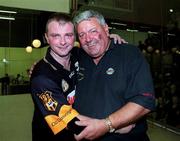 11 September 1999; Michael 'Duxie' Walsh with Tommy O'Brien, former President of the Irish Handball Council and coach to Duxie since Duxie was nine years old, pictured on Saturday night after Duxie won his 14th All-Ireland Handball Championships title in fifteen years, at Croke Park in Dublin. Photo by Ray McManus/Sportsfile