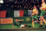 10 September 1997; Tony Cascarino of Republic of Ireland scores a goal during the FIFA World Cup 1998 Group 8 Qualifier match between Lithuania and Republic of Ireland at the Žalgiris Stadium in Vilnius, Lithuania. Photo by David Maher/Sportsfile