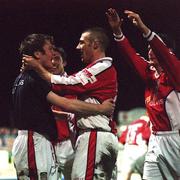 26 November 1999; Trevor Molloy, left, celebrates with St Patrick's Athletic team-mates Trevor Croly and Martin Russell after scoring his side's first goal during the Eircom League Premier Division match between St Patrick's Athletic and Cork City at Richmond Park in Dublin. Photo by David Maher/Sportsfile