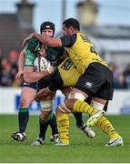 18 October 2014; Aly Muldowney, Connacht, is tackled by Benoit Guyot, centre, and Romana Graham, La Rochelles. European Rugby Challenge Cup 2014/15, Pool 2, Round 1, Connacht v La Rochelle, The Sportsground, Galway. Picture credit: Barry Cregg / SPORTSFILE