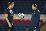 18 October 2014; Ulster's Tommy Bowe, left, speaks with Leicester Tigers assistant coach Geordan Murphy ahead of the game. European Rugby Champions Cup 2014/15, Pool 3, Round 1, Leicester Tigers v Ulster, Welford Road, Leicester, England. Picture credit: Ramsey Cardy / SPORTSFILE