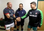 18 October 2014; Ulster captain Rory Best, left, and Leicester captain Ben Youngs shake hands after the coin toss, which Leicester won, ahead of the game. European Rugby Champions Cup 2014/15, Pool 3, Round 1, Leicester Tigers v Ulster, Welford Road, Leicester, England. Picture credit: John Dickson / DICKSONDIGITAL / SPORTSFILE