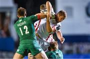 18 October 2014; Chris Henry, Ulster, is tackled by Owen Williams, left, and Jamie Gibson, Leicester Tigers. European Rugby Champions Cup 2014/15, Pool 3, Round 1, Leicester Tigers v Ulster, Welford Road, Leicester, England. Picture credit: Ramsey Cardy / SPORTSFILE