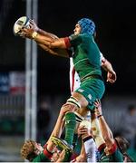 18 October 2014; Robbie Diack, Ulster, and Graham Kitchener, Leicester Tigers, compete for possession from a line-out. European Rugby Champions Cup 2014/15, Pool 3, Round 1, Leicester Tigers v Ulster, Welford Road, Leicester, England. Picture credit: Ramsey Cardy / SPORTSFILE