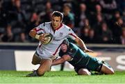 18 October 2014; Tommy Bowe, Ulster, scores his side's first try of the game despite the tackle by Julian Salvi, Leicester Tigers. European Rugby Champions Cup 2014/15, Pool 3, Round 1, Leicester Tigers v Ulster, Welford Road, Leicester, England. Picture credit: Ramsey Cardy / SPORTSFILE