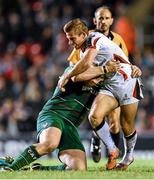 18 October 2014; Paul Marshall, Ulster, is tackled by Fraser Balmain, Leicester Tigers. European Rugby Champions Cup 2014/15, Pool 3, Round 1, Leicester Tigers v Ulster, Welford Road, Leicester, England. Picture credit: Ramsey Cardy / SPORTSFILE