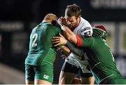 18 October 2014; Jared Payne, Ulster, is tackled by Leonardo Ghiraldini, left, and Marcos Ayerza, Leicester Tigers. European Rugby Champions Cup 2014/15, Pool 3, Round 1, Leicester Tigers v Ulster, Welford Road, Leicester, England. Picture credit: Ramsey Cardy / SPORTSFILE