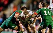 18 October 2014; Chris Henry, Ulster, is tackled by Owen Williams, left, and David Mele, Leicester Tigers. European Rugby Champions Cup 2014/15, Pool 3, Round 1, Leicester Tigers v Ulster, Welford Road, Leicester, England. Picture credit: Ramsey Cardy / SPORTSFILE