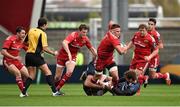 18 October 2014; CJ Stander, Munster, is tackled by Michael Paterson, left, and Danny Cipriani, Sale Sharks. European Rugby Champions Cup 2014/15, Pool 1, Round 1, Sale Sharks v Munster, AJ Bell Stadium, Sale, Greater Manchester, England. Picture credit: Brendan Moran / SPORTSFILE